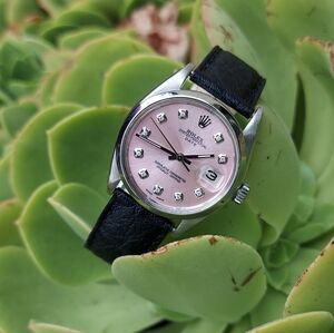 Rolex Unisex 34mm Date Pink diamond on black leather strap